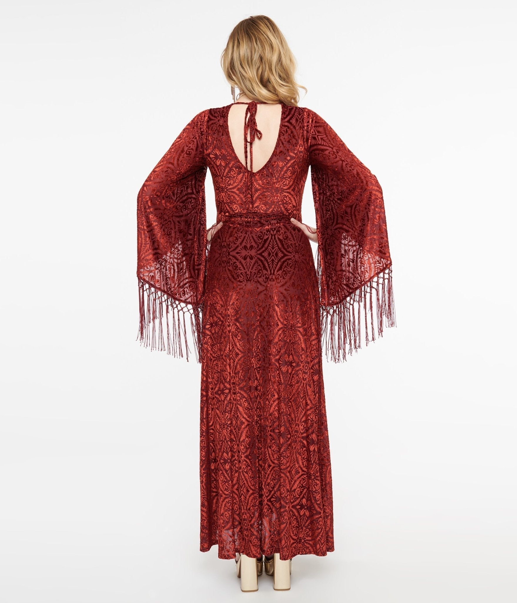 Smak Parlour 1970s Burgundy Velvet Burnout Fringe Sleeve Stevie Maxi Dress