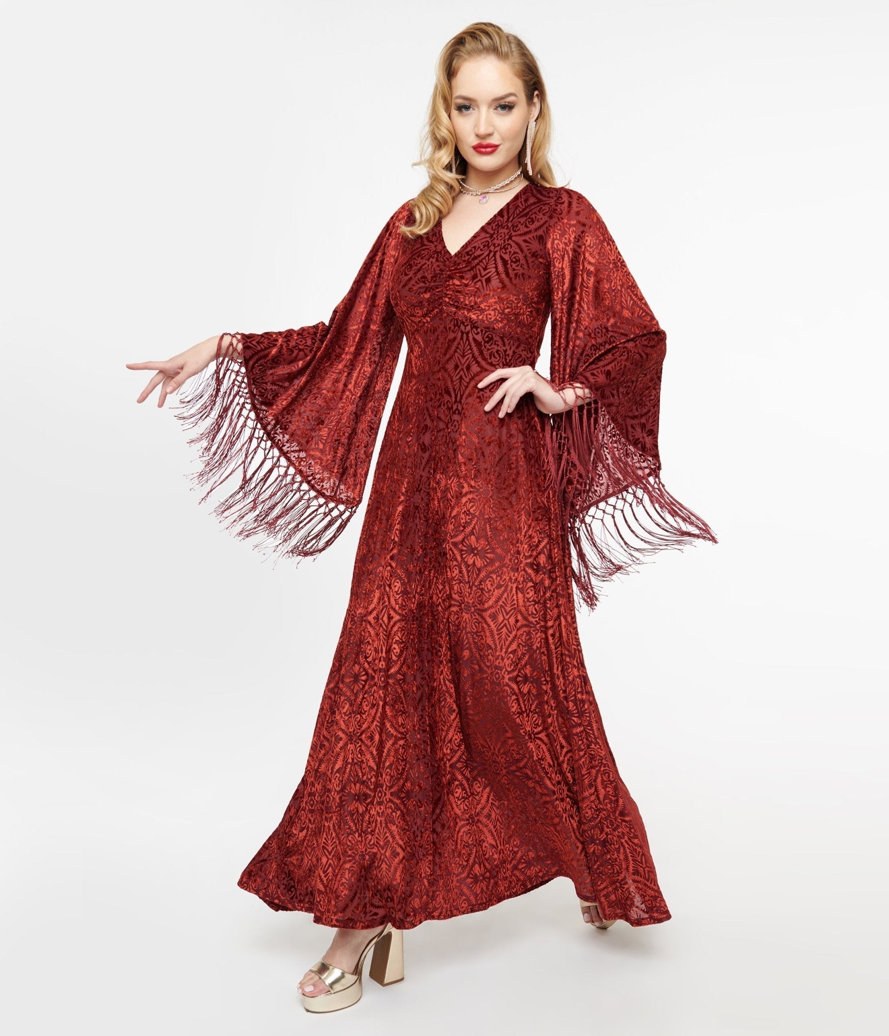 Smak Parlour 1970s Burgundy Velvet Burnout Fringe Sleeve Stevie Maxi Dress