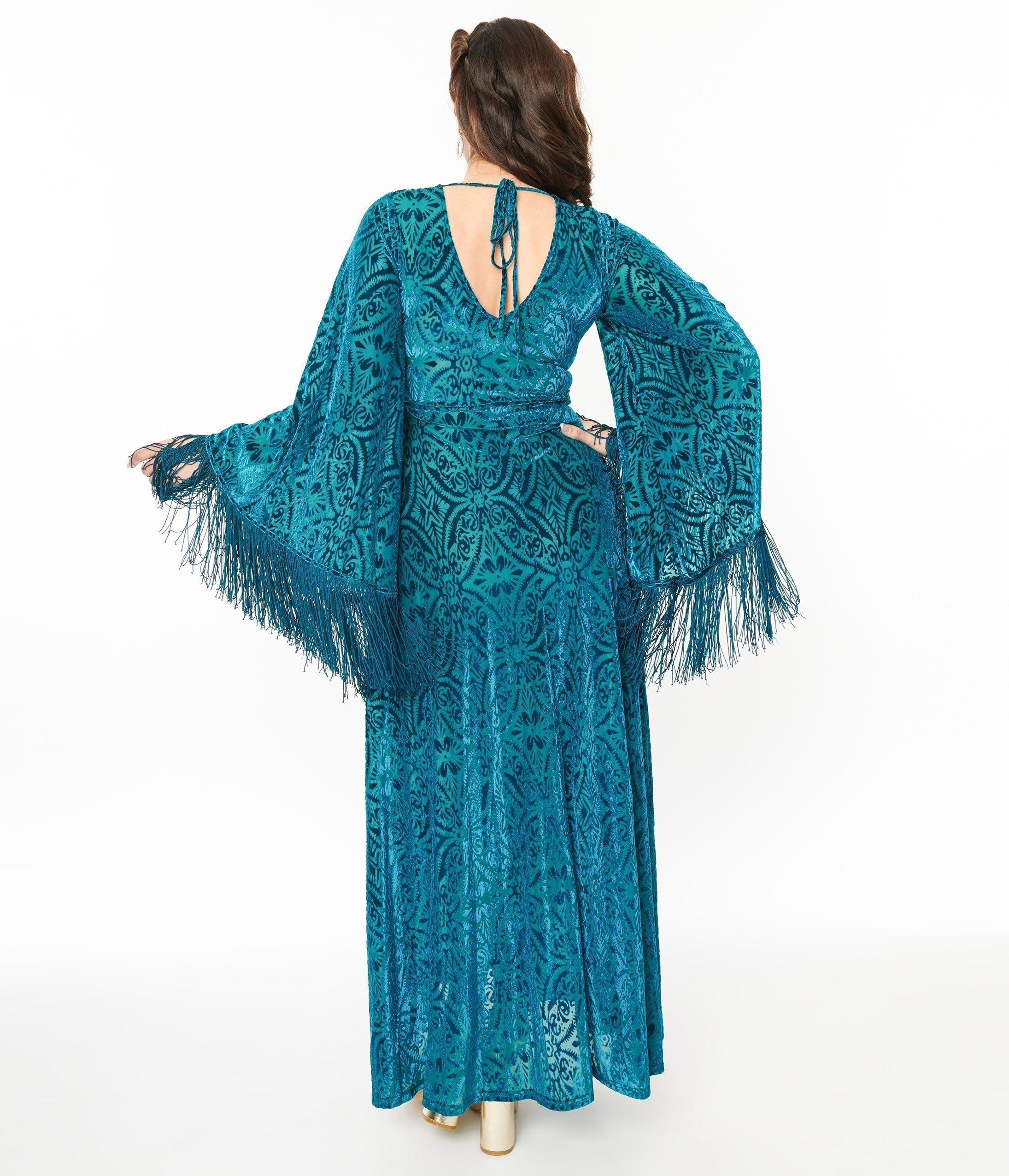 Smak Parlour 1970s Teal Floral Fringe Sleeve Stevie Maxi Dress