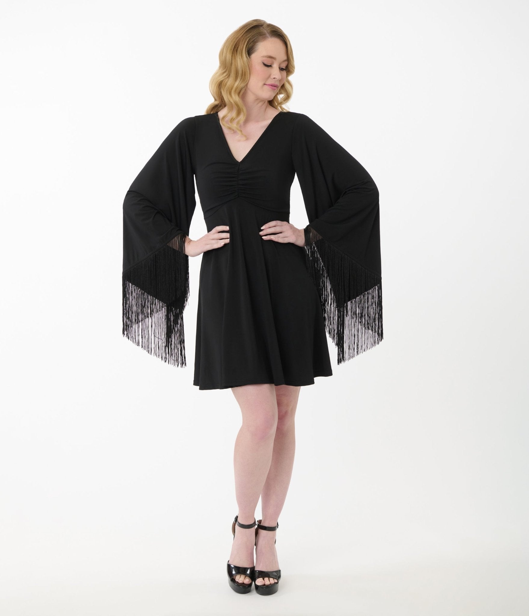 Smak Parlour Black Fringe Bell Sleeve Fit & Flare Dress