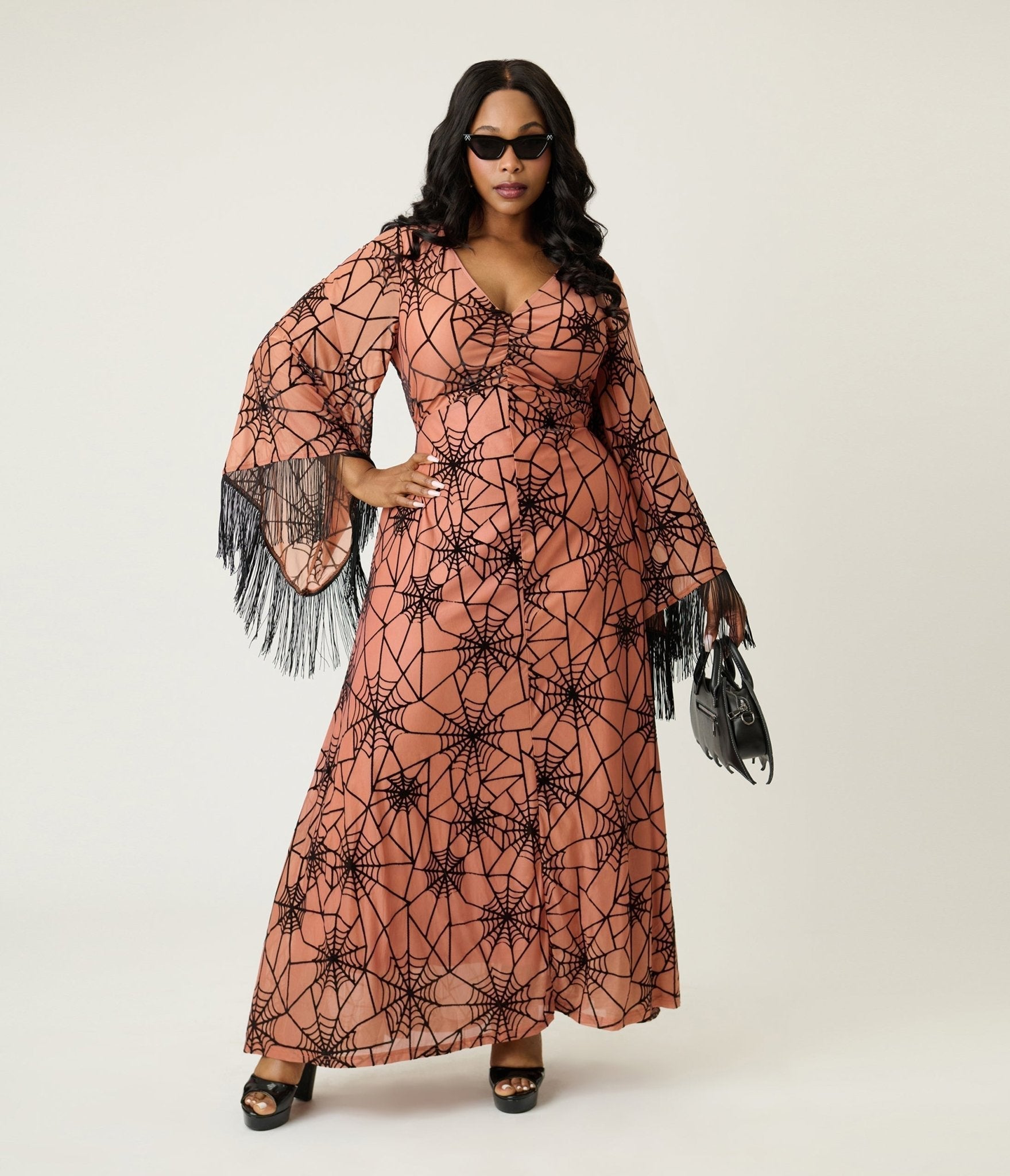 Smak Parlour Plus Size Nude & Black Spiderweb Fringe Sleeve Stevie Maxi Dress