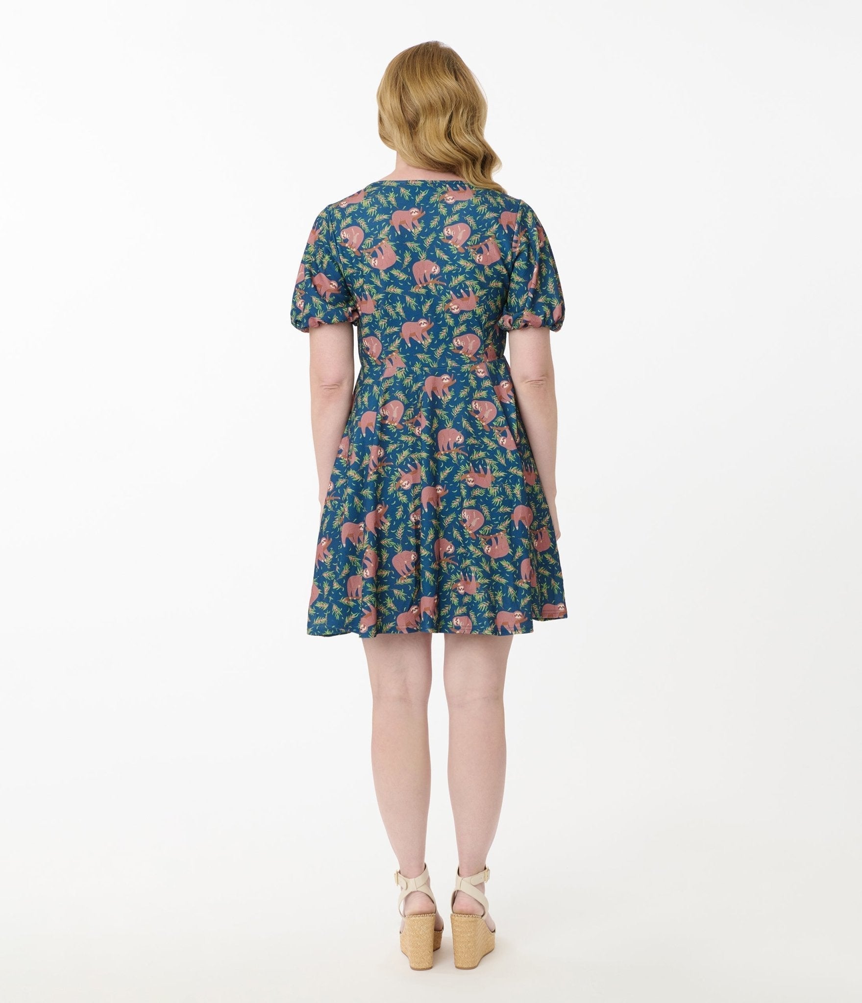 Unique Vintage Blue Summer Sloth Print Fit & Flare Dress