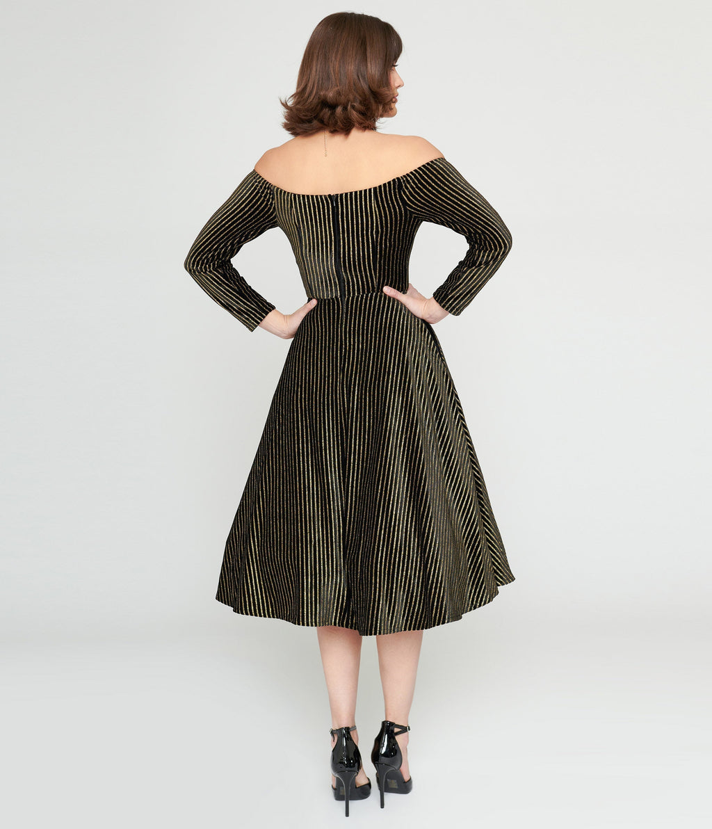 Collectif Black & Gold Glitter Striped Anjelica Swing Dress