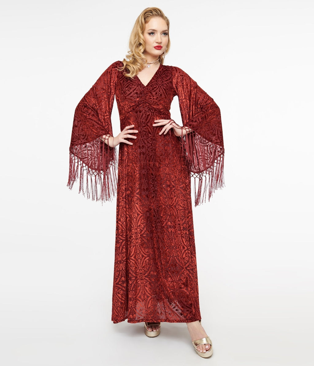 Smak Parlour 1970s Burgundy Velvet Burnout Fringe Sleeve Stevie Maxi Dress