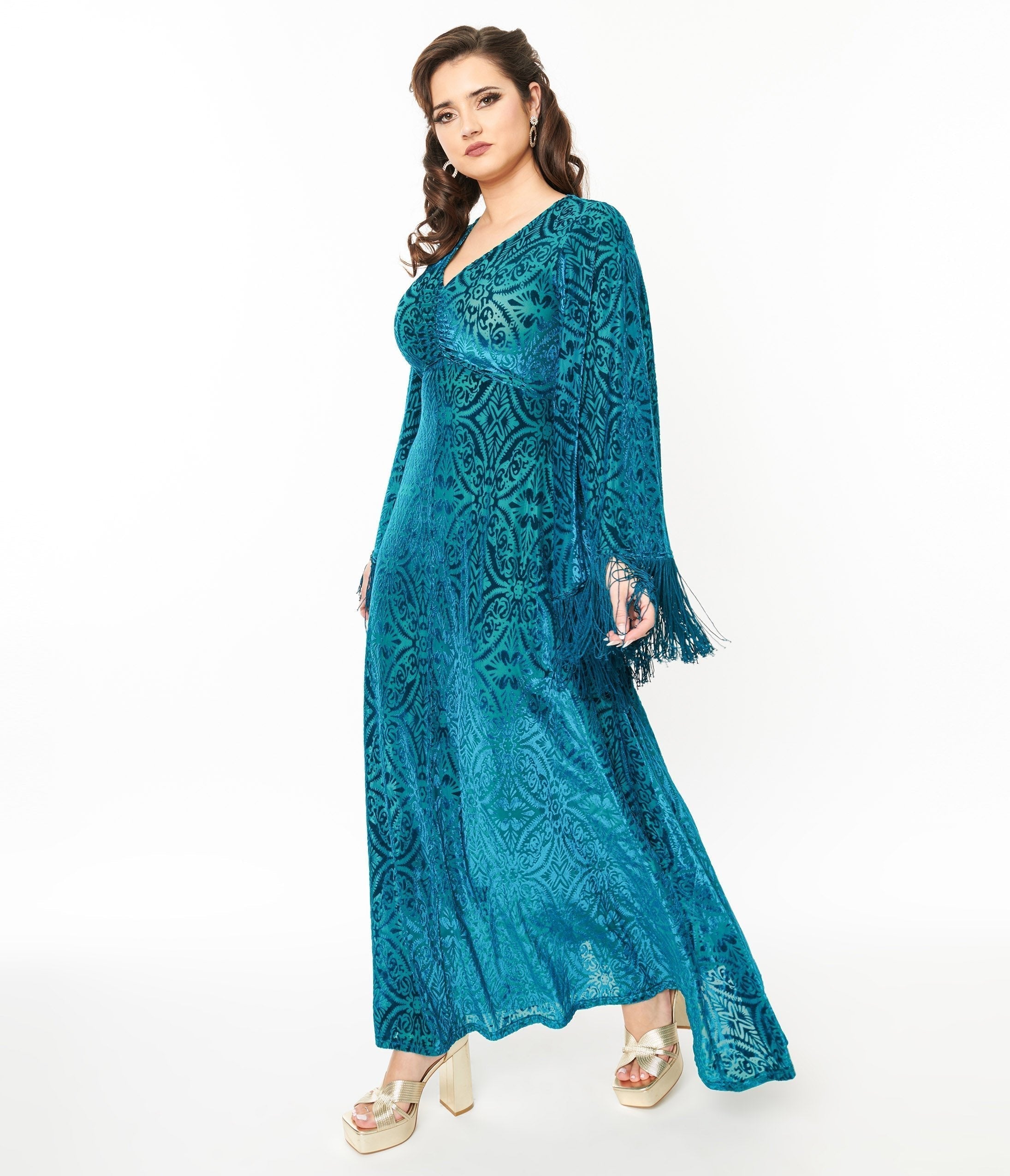 Smak Parlour 1970s Teal Floral Fringe Sleeve Stevie Maxi Dress