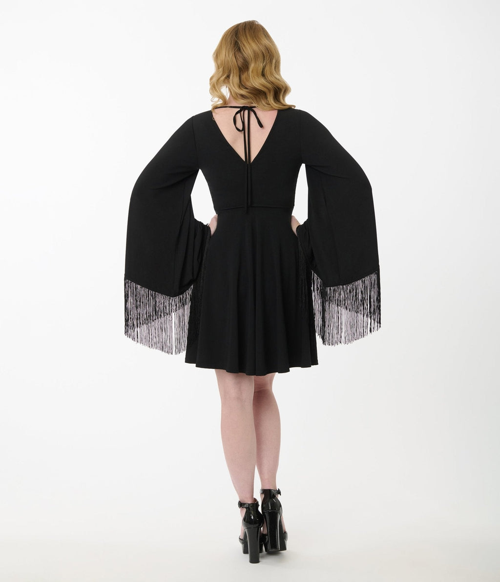 Smak Parlour Black Fringe Bell Sleeve Fit & Flare Dress