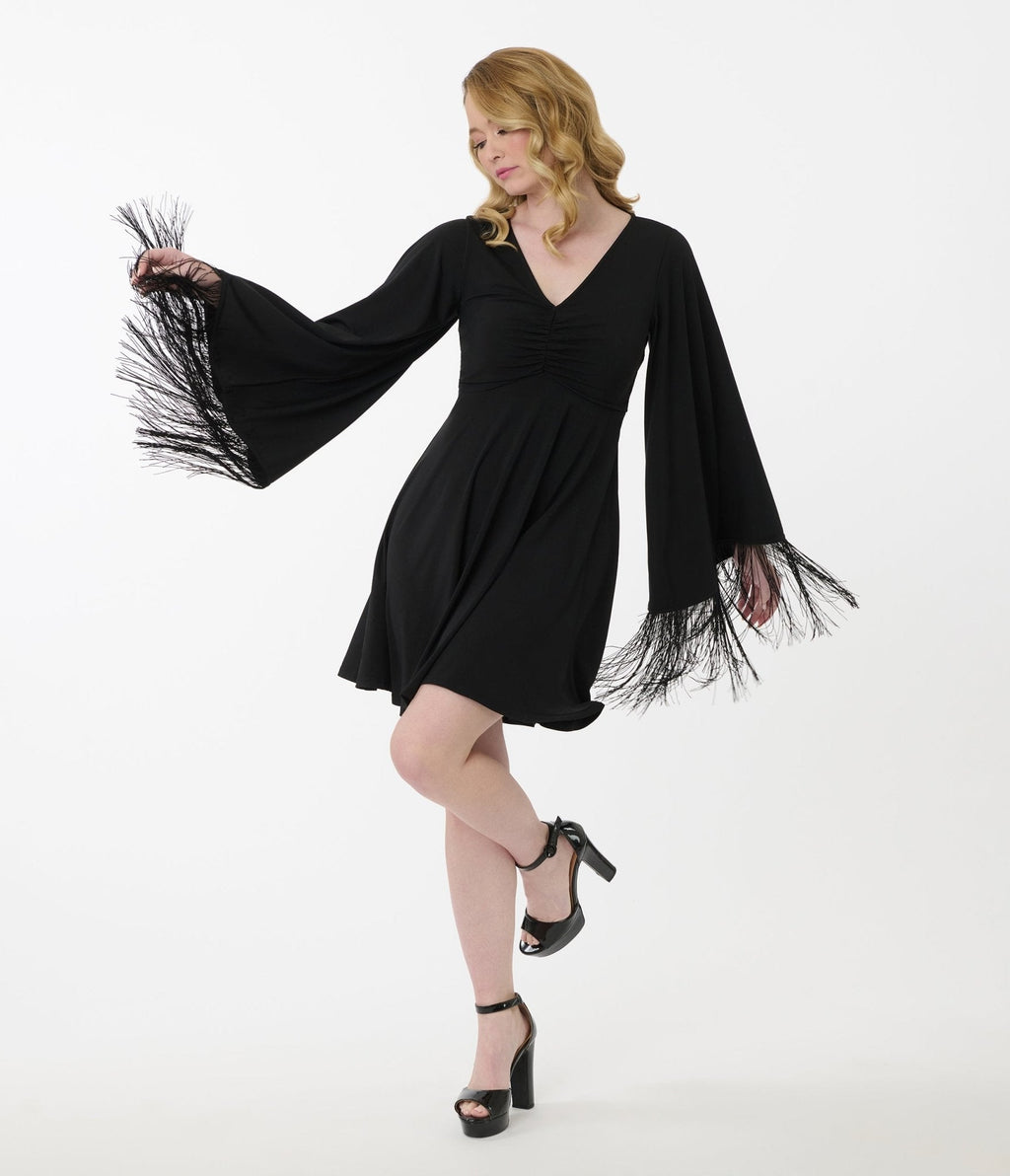 Smak Parlour Black Fringe Bell Sleeve Fit & Flare Dress