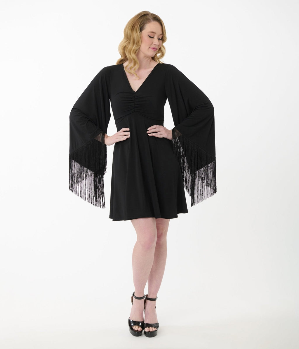 Smak Parlour Black Fringe Bell Sleeve Fit & Flare Dress