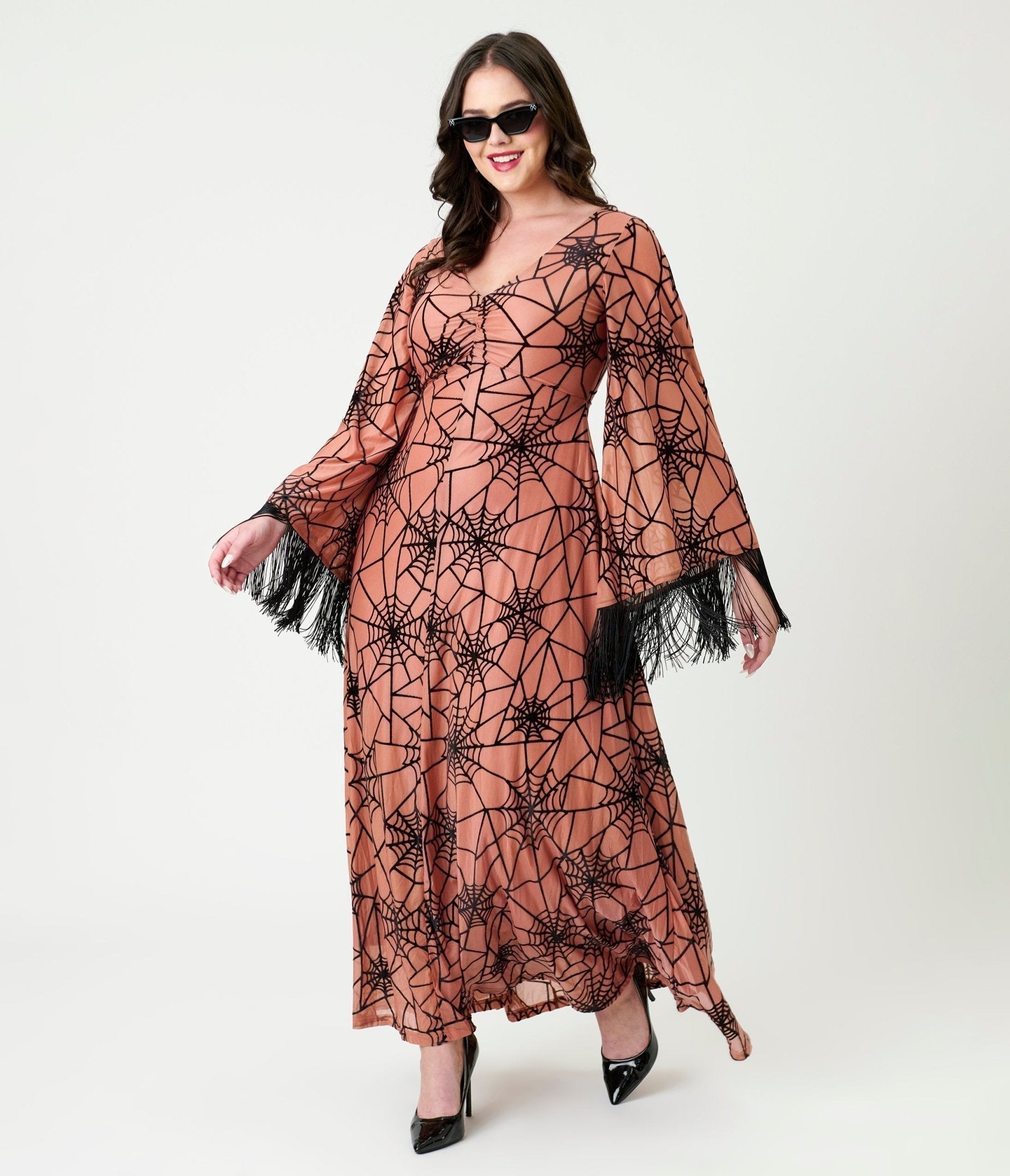 Smak Parlour Nude & Black Spiderweb Fringe Sleeve Stevie Maxi Dress