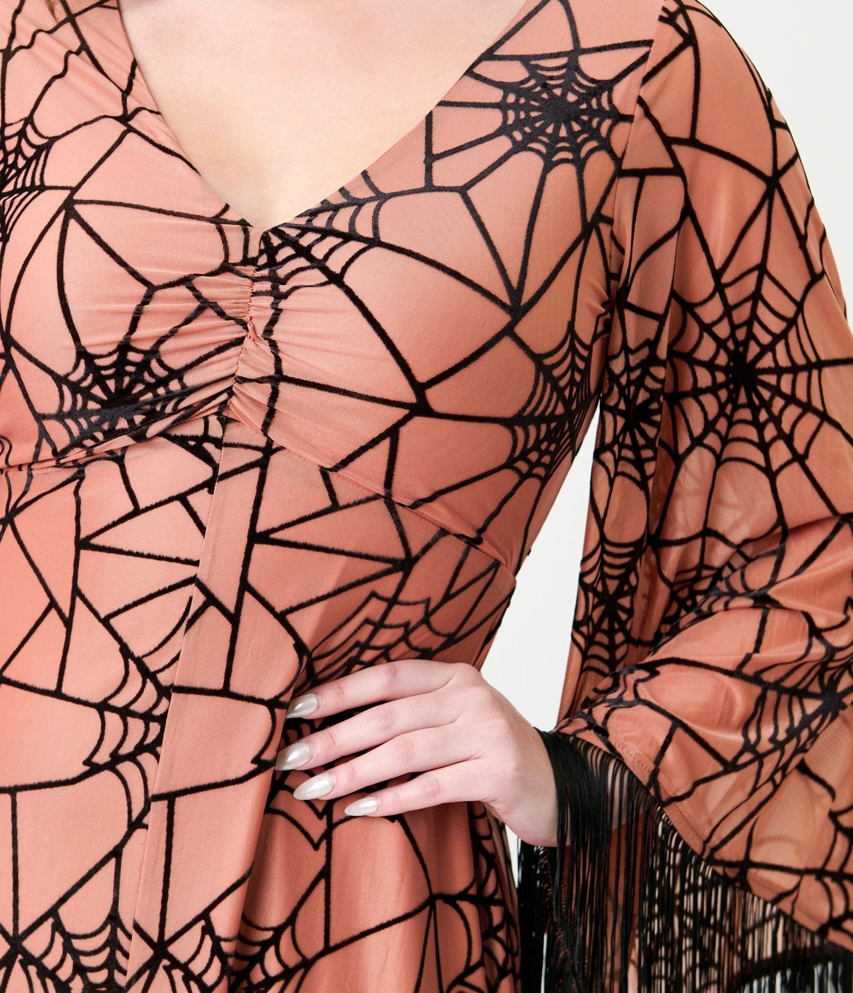 Smak Parlour Nude & Black Spiderweb Fringe Sleeve Stevie Maxi Dress