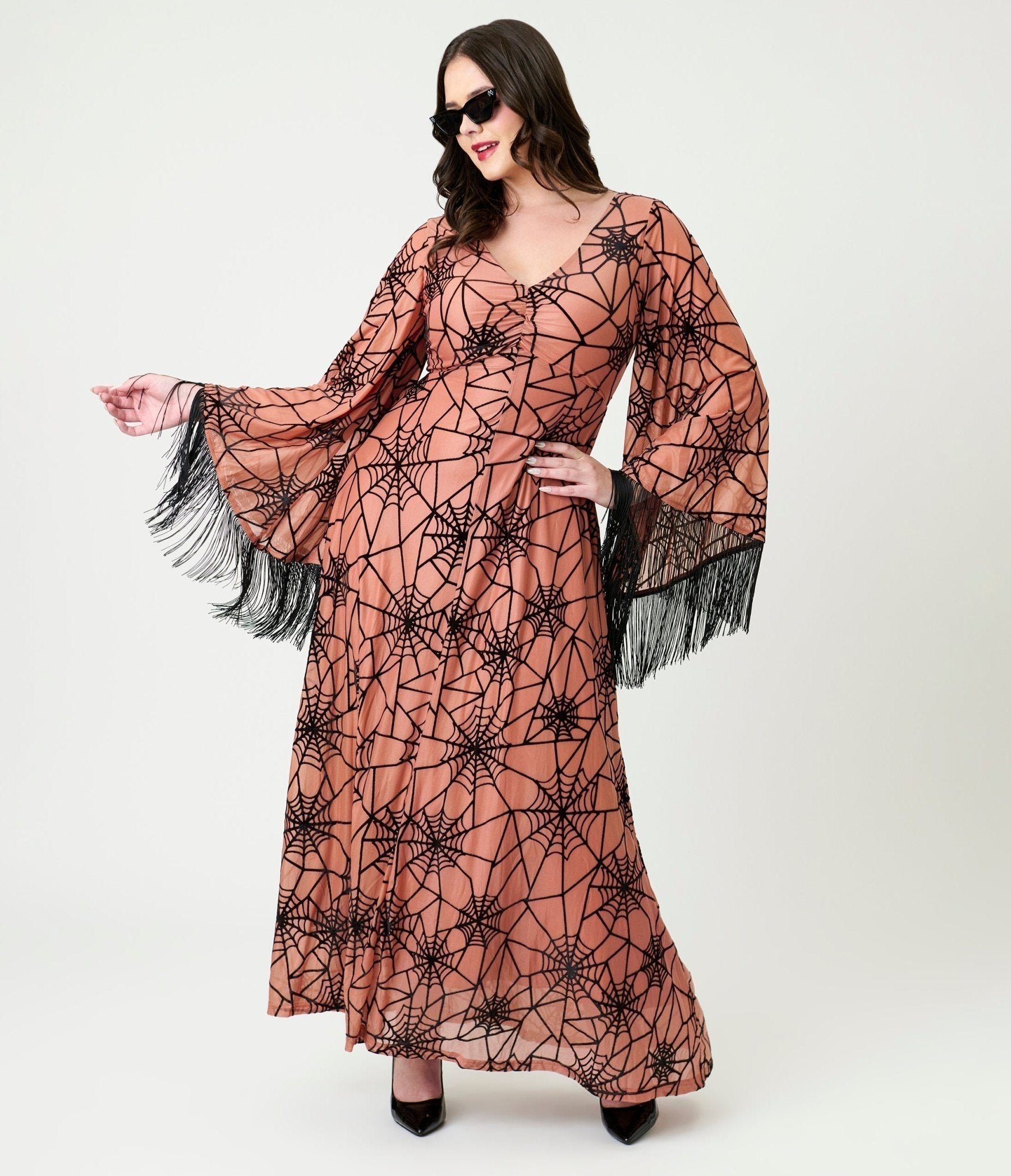 Smak Parlour Nude & Black Spiderweb Fringe Sleeve Stevie Maxi Dress