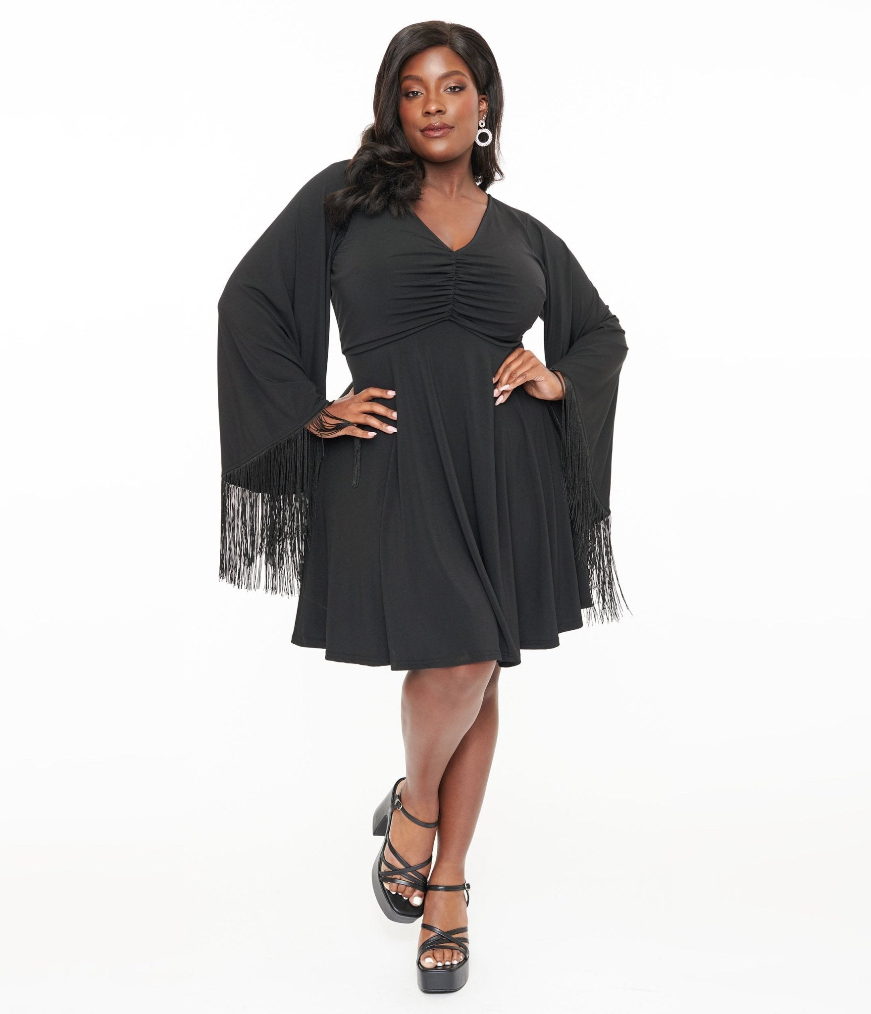 Smak Parlour Plus Size Black Fringe Bell Sleeve Fit & Flare Dress