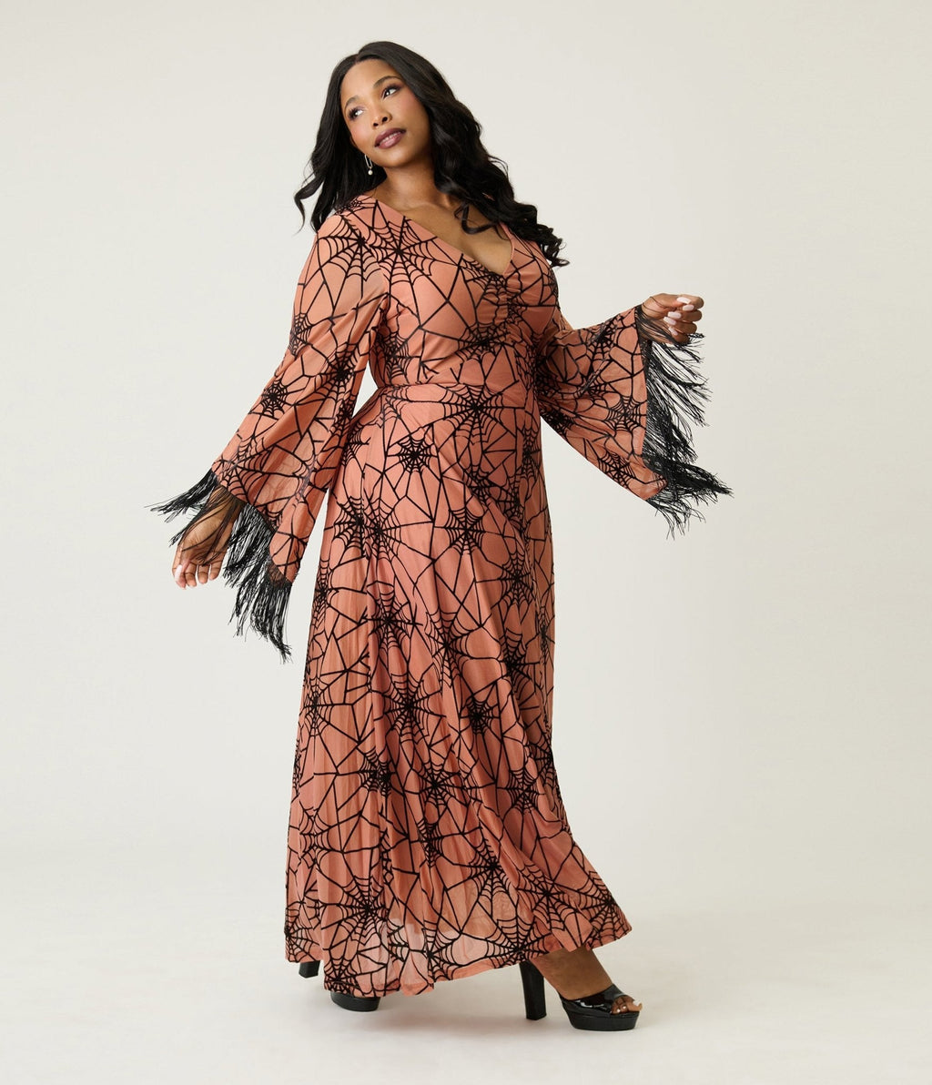 Smak Parlour Plus Size Nude & Black Spiderweb Fringe Sleeve Stevie Maxi Dress