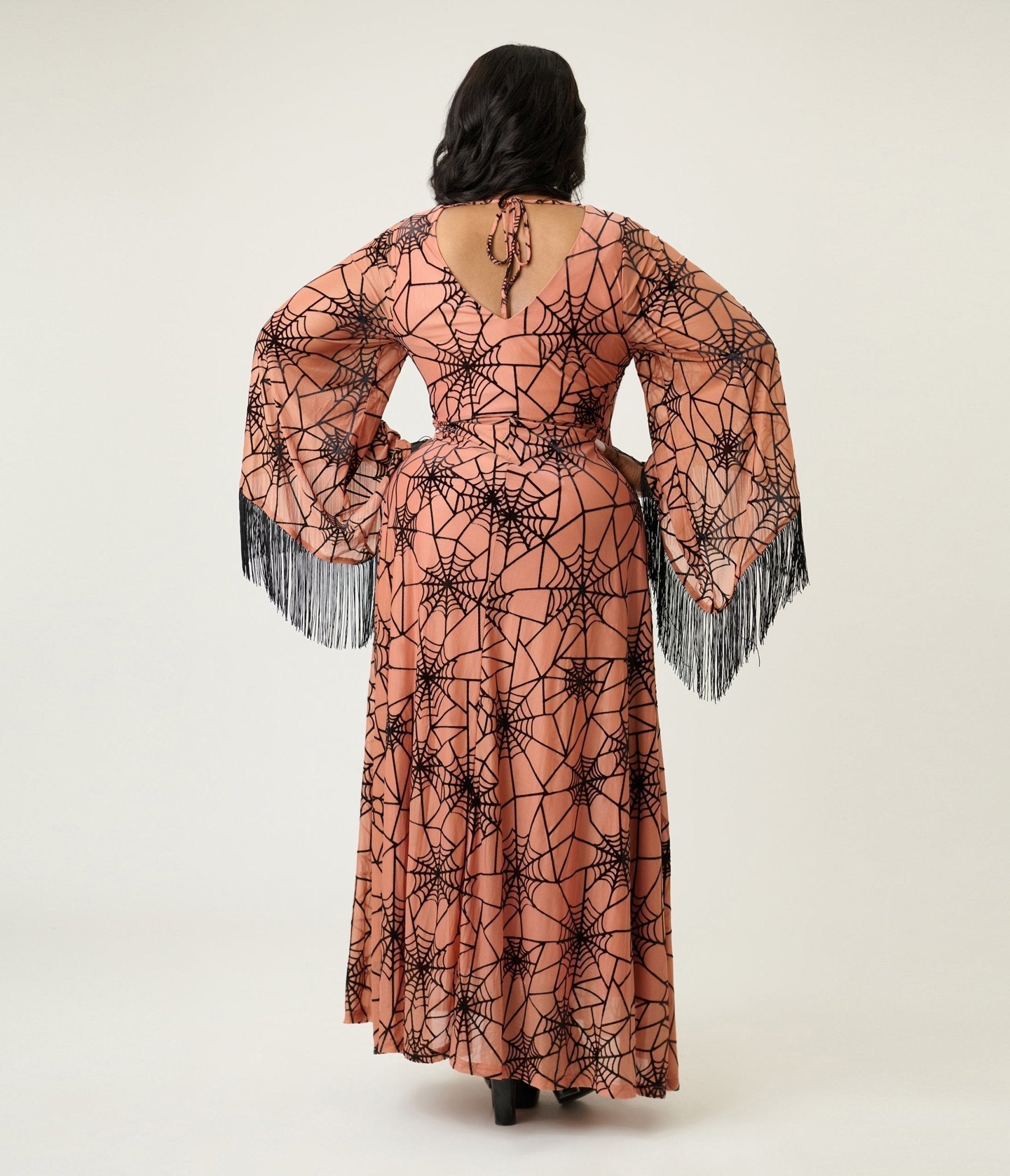 Smak Parlour Plus Size Nude & Black Spiderweb Fringe Sleeve Stevie Maxi Dress