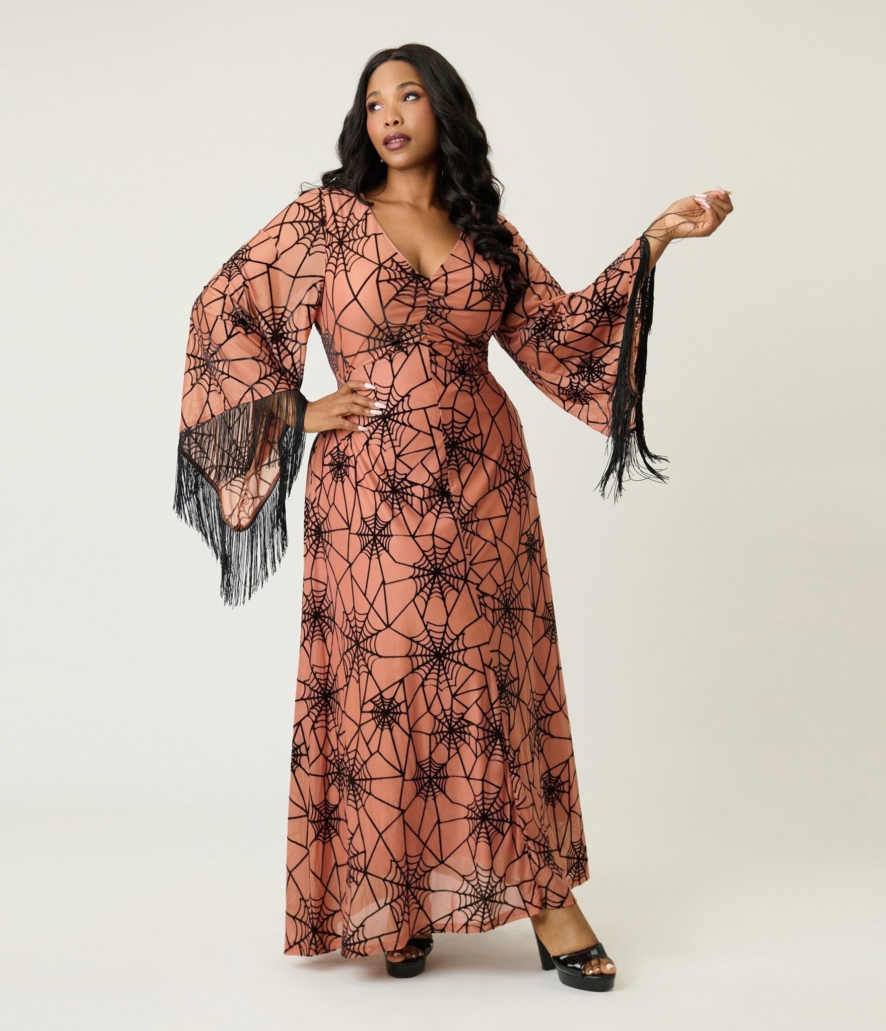 Smak Parlour Plus Size Nude & Black Spiderweb Fringe Sleeve Stevie Maxi Dress