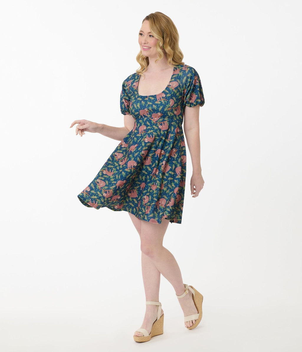 Unique Vintage Blue Summer Sloth Print Fit & Flare Dress