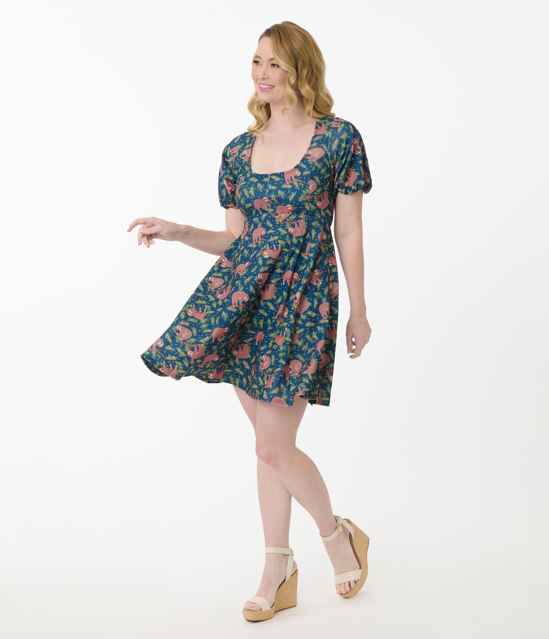 Unique Vintage Blue Summer Sloth Print Fit & Flare Dress