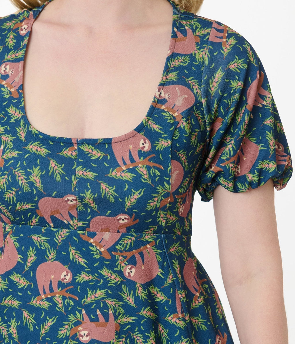 Unique Vintage Blue Summer Sloth Print Fit & Flare Dress