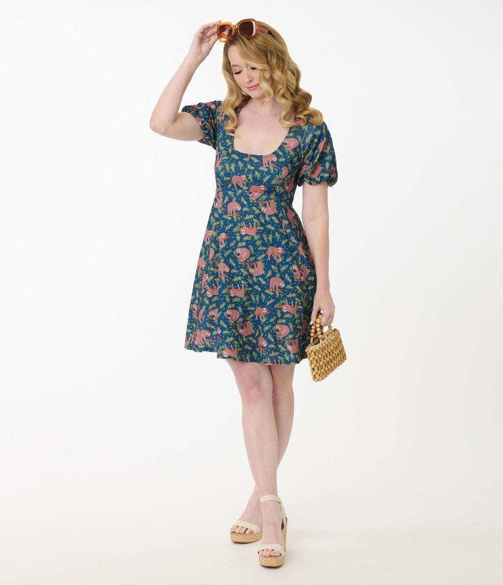Unique Vintage Blue Summer Sloth Print Fit & Flare Dress